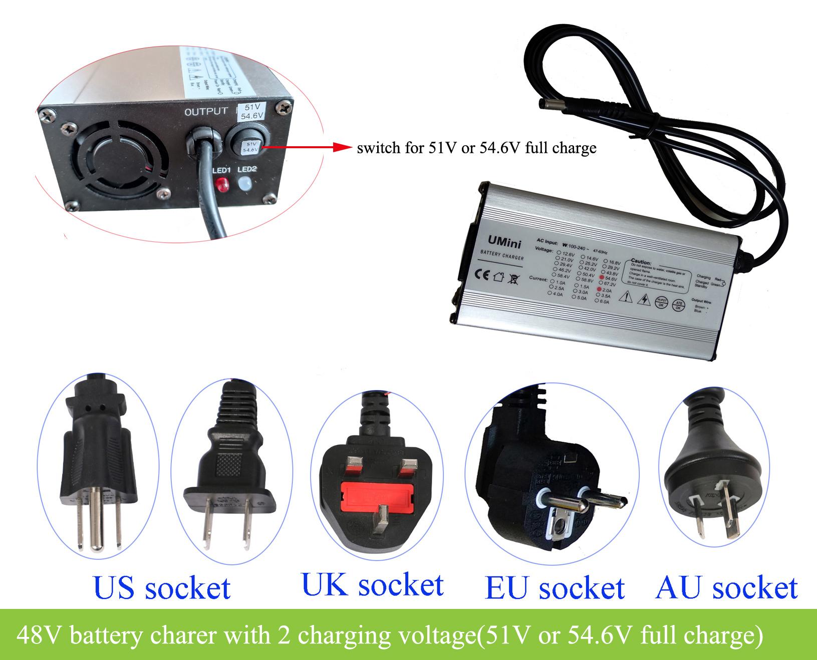 36V 48V 52V battery charger with 2 charging voltages -GreenBikeKit BBS, ebike  batteries, Bafang M620, Bafang M600, Bafang M500, Bafang M510, KT controller  with display