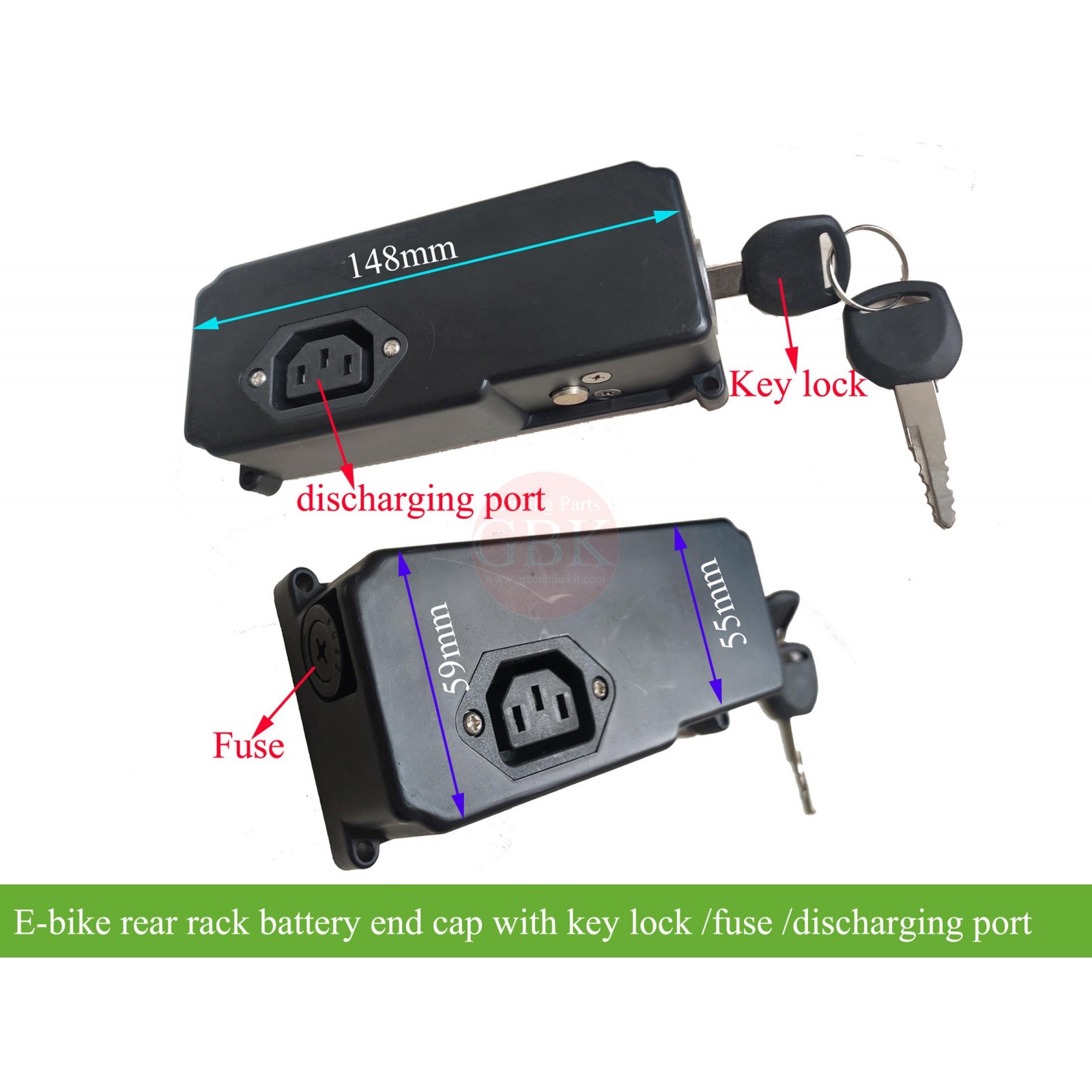 ebike rear rack battery end cap with key lock /fuse /discharging prong
