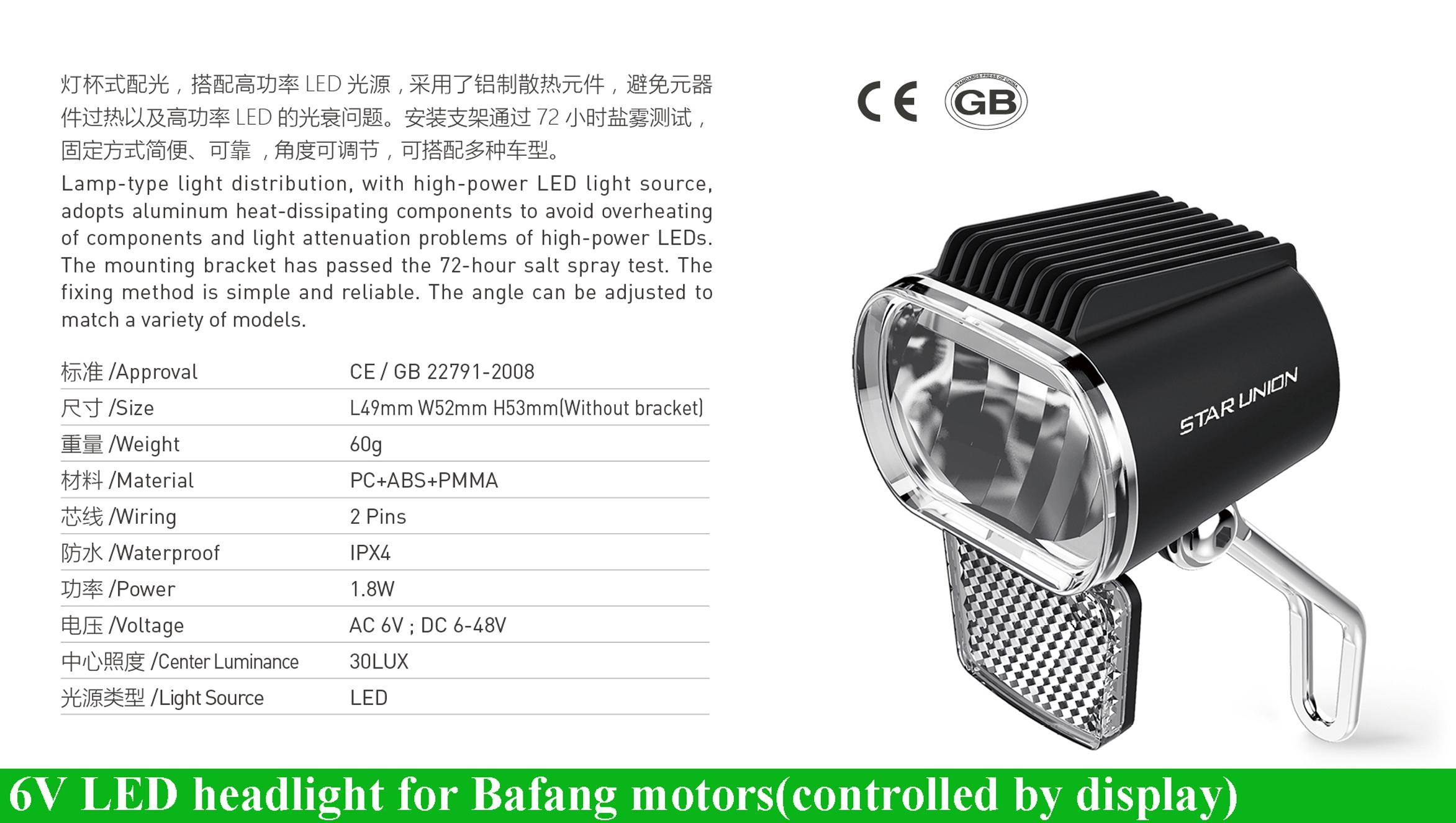 ebike 6V LED headlight for Bafang BBS controlled by display