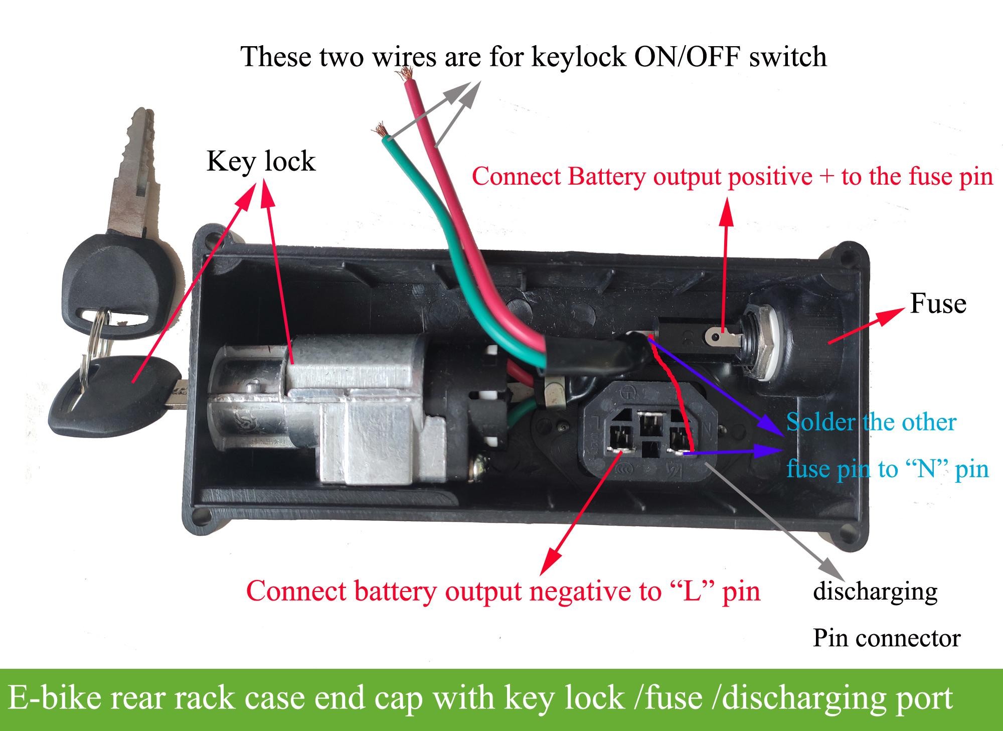 e bike rear rack battery end cap with key lock fuse discharging