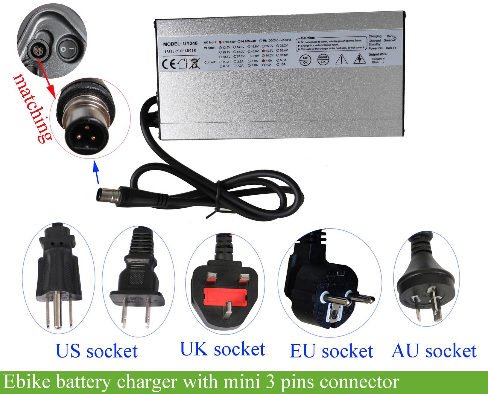Ebike battery charger with 3 pins mini XLR connector for 36V 48V